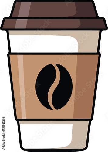 A stylized illustration of a disposable coffee cup with a brown lid and a coffee bean logo on a tan sleeve.