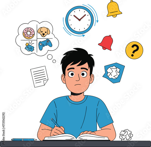 A young boy is sitting at a desk, looking stressed and distracted while trying to study, with various thoughts and notifications popping up around his head.