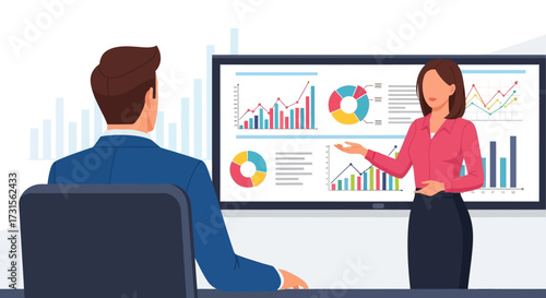 Woman giving a business presentation to a man about financial data and charts shown on a screen