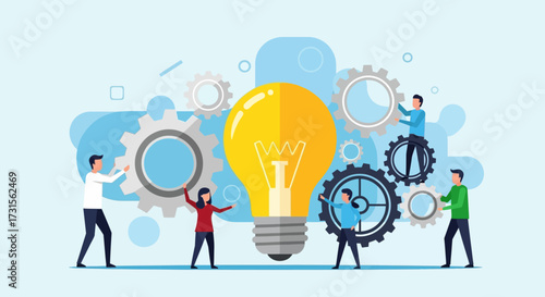 Teamwork and innovation vector illustration with lightbulb and gears collaborating to achieve