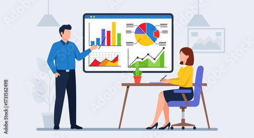 Professional presentation of data analysis and reporting with colleague discussion and