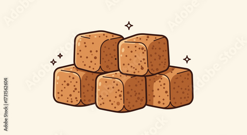 Adorable cartoon illustration of stacked brown sugar cubes with sparkling stars around them