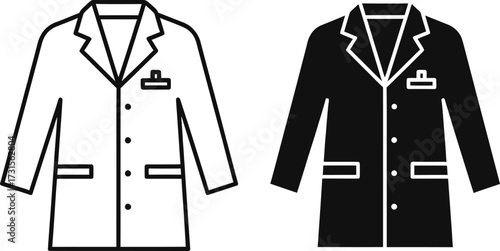 A black and white illustration of a lab coat, showing two versions of the same garment.