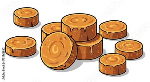 Illustration of caramel candies with dripping sauce on a white background for dessert lovers