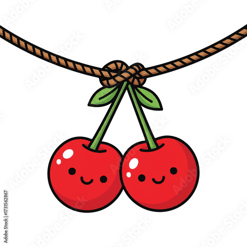Adorable cartoon cherries with smiling faces hanging from a knotted rope, cheerful and sweet.