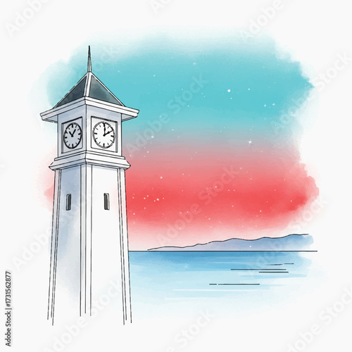 Illustration of a tall clock tower standing by a tranquil body of water under a colorful sky.