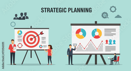 Business team developing strategic planning presentation with targets and charts