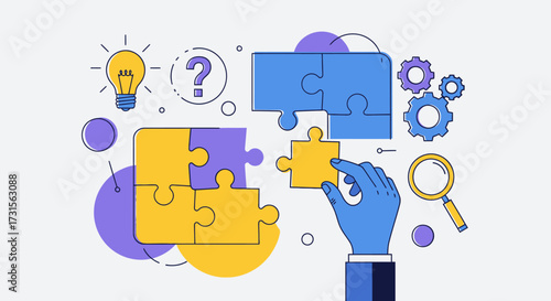 Conceptual Illustration Representing Problem Solving with Jigsaw Puzzles and Gear Mechanisms
