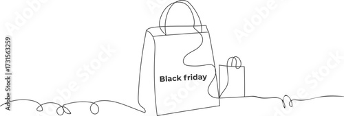 Minimalist line art of two shopping bags with Black Friday text on a white background, sale discount