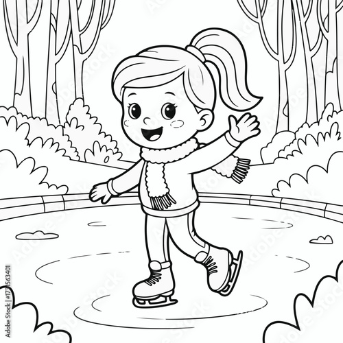 Cartoon girl ice skating in a park line art child winter