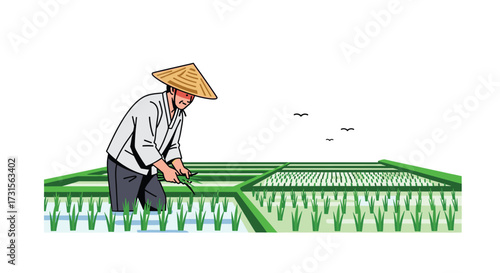 Asian Farmer Working in Rice Paddy Field with Conical Hat  Agricultural Landscape and Traditional Farming Practices in Rural Asia  Illustration