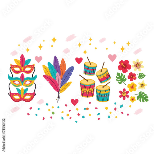 Colorful illustration of carnival elements including masks, feathers, drums, flowers, hearts, confetti, and stars on a white background.