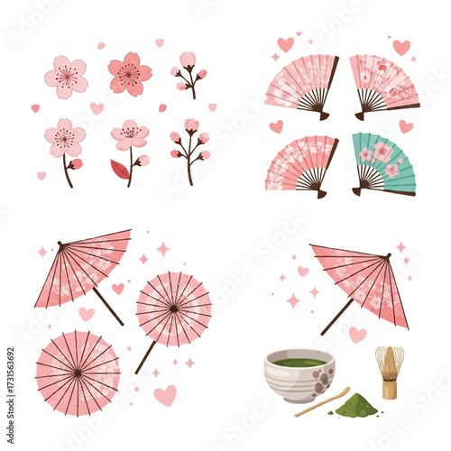 Illustration featuring Japanese-themed elements: cherry blossoms, fans, parasols, and a matcha tea set, all in a soft pink color palette.