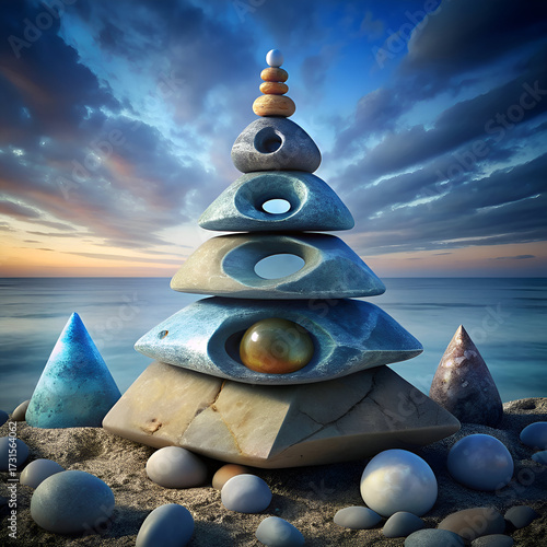 Serene Ocean Sunset. A Balanced Rock Formation on the Beach
