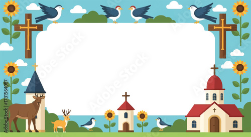 A colorful illustration featuring churches, crosses, doves, deer, and sunflowers, framing a blank space.