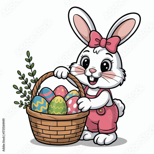 Cute Easter Bunny With Basket Of Colorful Eggs rabbit