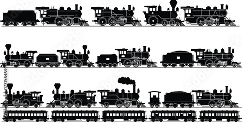 Vintage steam train silhouettes, antique locomotives, historical railcars, retro transportation, black vector icons, industrial design, railway illustration, old-fashioned engines