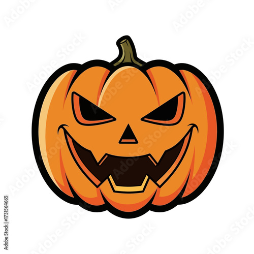 A vibrant orange jack-o'-lantern with a spooky carved face, black eyes, and a wide, toothy grin, perfect for Halloween celebrations.