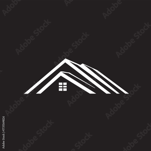 A sleek, minimalist vector logo showcases a modern house roof design with clean lines and subtle window details, perfect for real estate or construction branding.