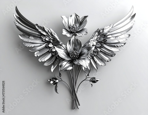 Metallic wings enclose stylized flowers,  ornate design