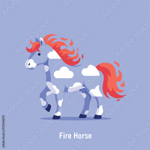 Stylized illustration of a horse with cloud patterns and fiery red mane and tail.