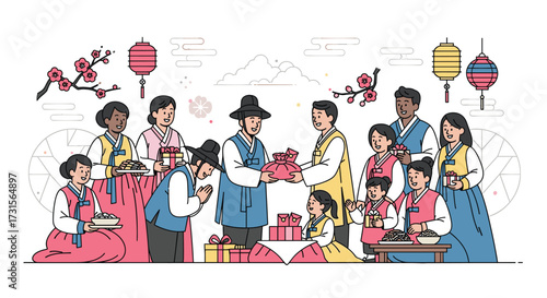 Celebrating Seollal Korean New Year Illustration with Family, Gifts, Traditional Hanbok Clothing, and Festive Lanterns in a Joyful and Culturally Rich Scene