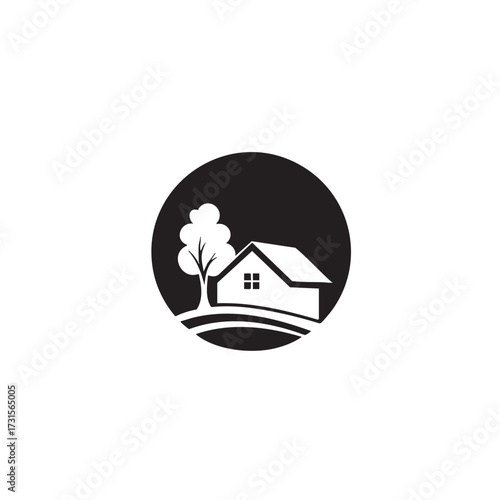 A minimalist graphic icon featuring a charming house nestled beside a graceful tree within a clean circular design, symbolizing home, nature, and property development.