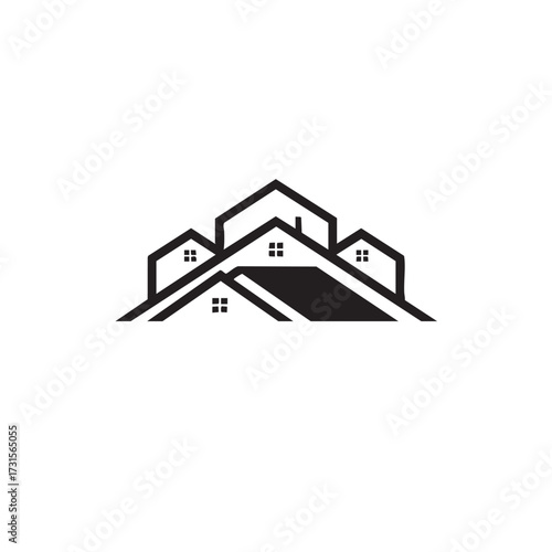 A clean, modern black and white graphic illustration depicting a cluster of abstract house roofs, symbolizing real estate, community, and residential development.