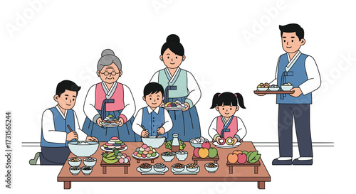 Korean Family Preparing Food for Chuseok, Showing Harmony and Tradition in Festive Hanboks, Preparing Traditional Foods for a Celebratory Gathering