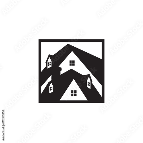A modern black and white graphic illustration featuring an abstract arrangement of multiple house roofs and windows, symbolizing community and property development.