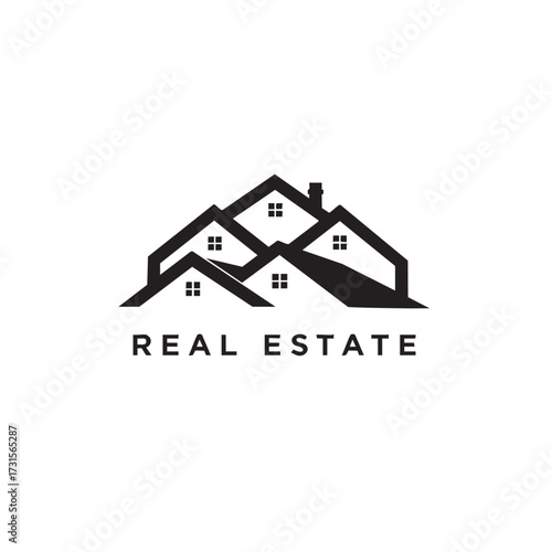A minimalist black and white vector logo design showcasing abstract house roofs, symbolizing the real estate industry, property sales, and home ownership.