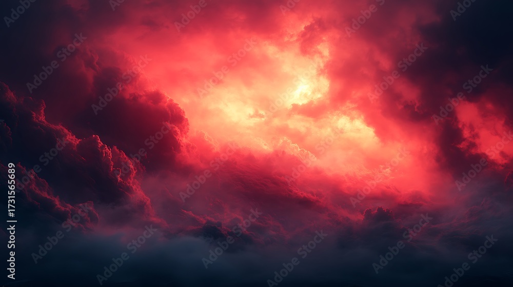 Fototapeta premium Dramatic crimson clouds, a turbulent sky aglow with ethereal light and shadow