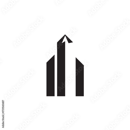 A minimalist abstract logo design showcasing three vertical black architectural forms, with the tallest central element subtly indicating upward movement and progress.