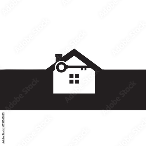 A minimalist graphic design in black and white features a house silhouette with a key integrated into its roof, symbolizing secure home ownership and real estate.