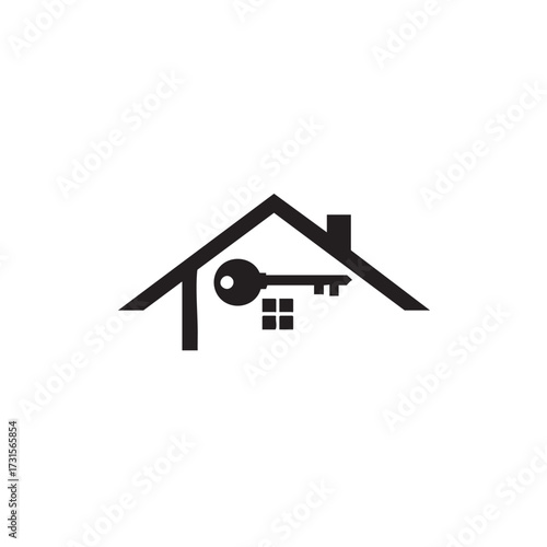A clean, minimalist graphic depicting a house silhouette encompassing a large key, symbolizing home ownership, security, property access, and real estate services.