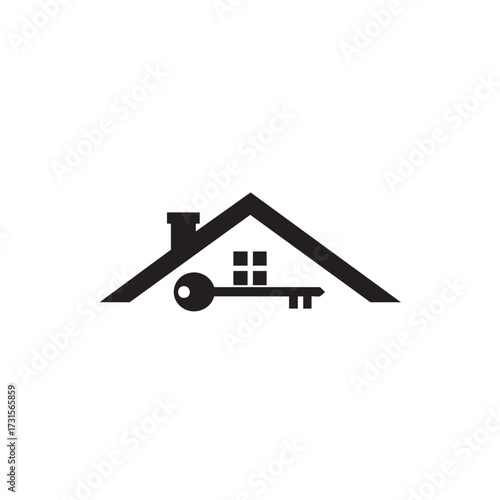 A minimalist black vector illustration of a house roof encompassing a key, signifying property ownership, secure living, and real estate services.