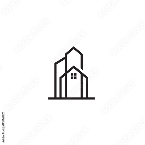 A sleek, modern line art illustration depicting a residential house nestled among taller, abstract city buildings, symbolizing urban development and community growth.