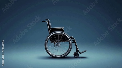 Striking image of a black wheelchair positioned on a bright blue surface.