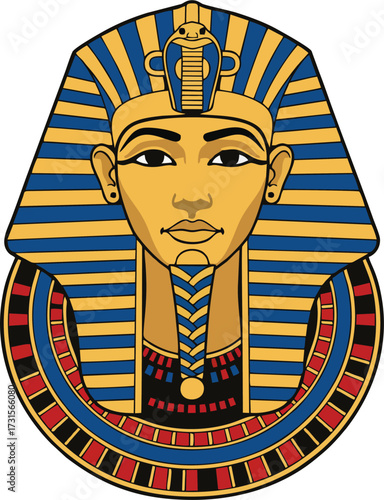 Pharaoh Mask Vector Illustration with Gold, Blue, and Red Colors, Egyptian Art