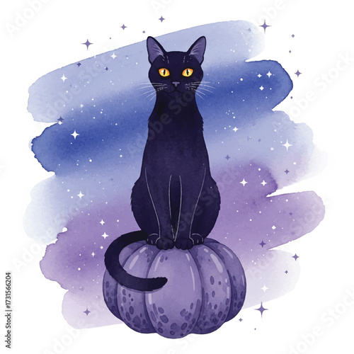 A sleek black cat with bright yellow eyes sits regally atop a purple pumpkin against a watercolor backdrop of stars and night sky.