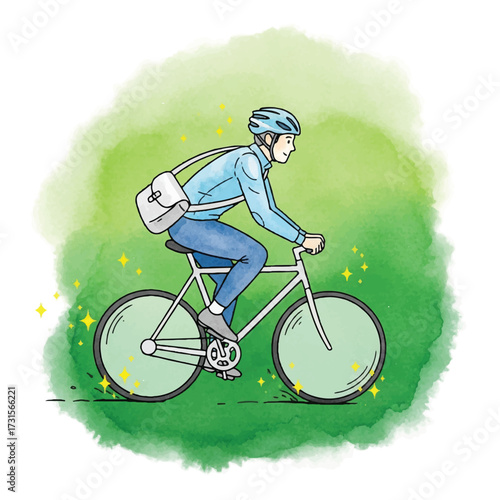 A young man is riding a bicycle with a shoulder bag, wearing a helmet, against a green watercolor background.