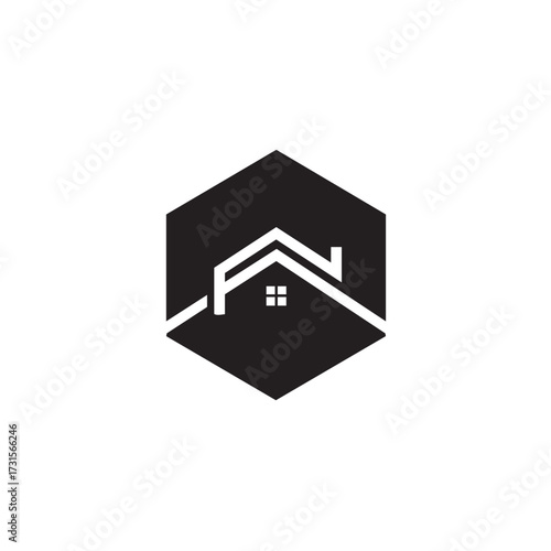 This clean, modern black and white hexagonal logo, depicting an abstract house silhouette, is perfect for real estate, property, or construction businesses.