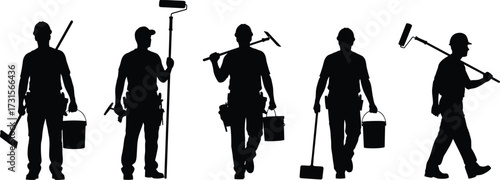 Worker silhouettes, cleaning tools, painting gear, maintenance crew, mop, bucket, 