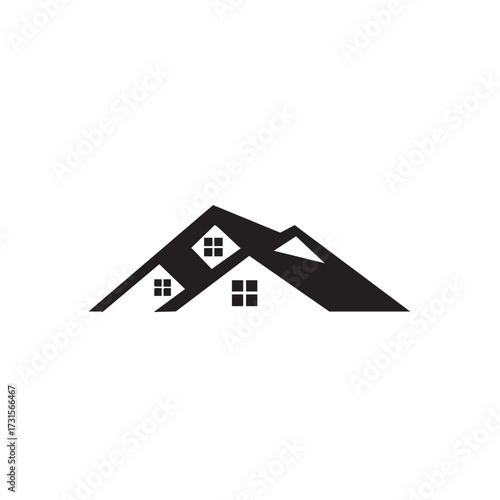 A modern black and white graphic depicts stylized house roofs, creating an abstract mountain silhouette, suitable for real estate, construction, and architectural branding.