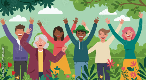 Illustration of diverse people celebrating outdoors in a park with festive atmosphere.