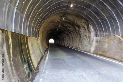 緑の林の中のトンネル。
岬の突端をゆく道。
青い海とヒリゾ浜の渡船が見える。
静岡県伊豆半島賀茂郡南伊豆町中木ヒリゾ浜、あいあい岬-2025年

