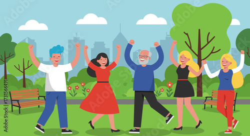 Illustration of diverse people celebrating outdoors in a park with festive atmosphere.