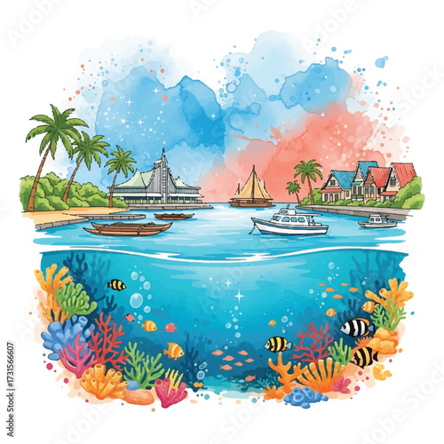 Watercolor illustration of a tropical island scene with boats, buildings, palm trees, and an underwater coral reef teeming with colorful fish.