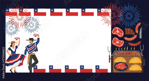 A festive Chilean illustration featuring traditional dancers, a barbecue grill with food, fireworks, and a border of Chilean flags on a dark blue background.