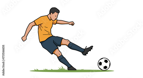 illustration of a soccer player kicking a ball, minimal design with clean background.